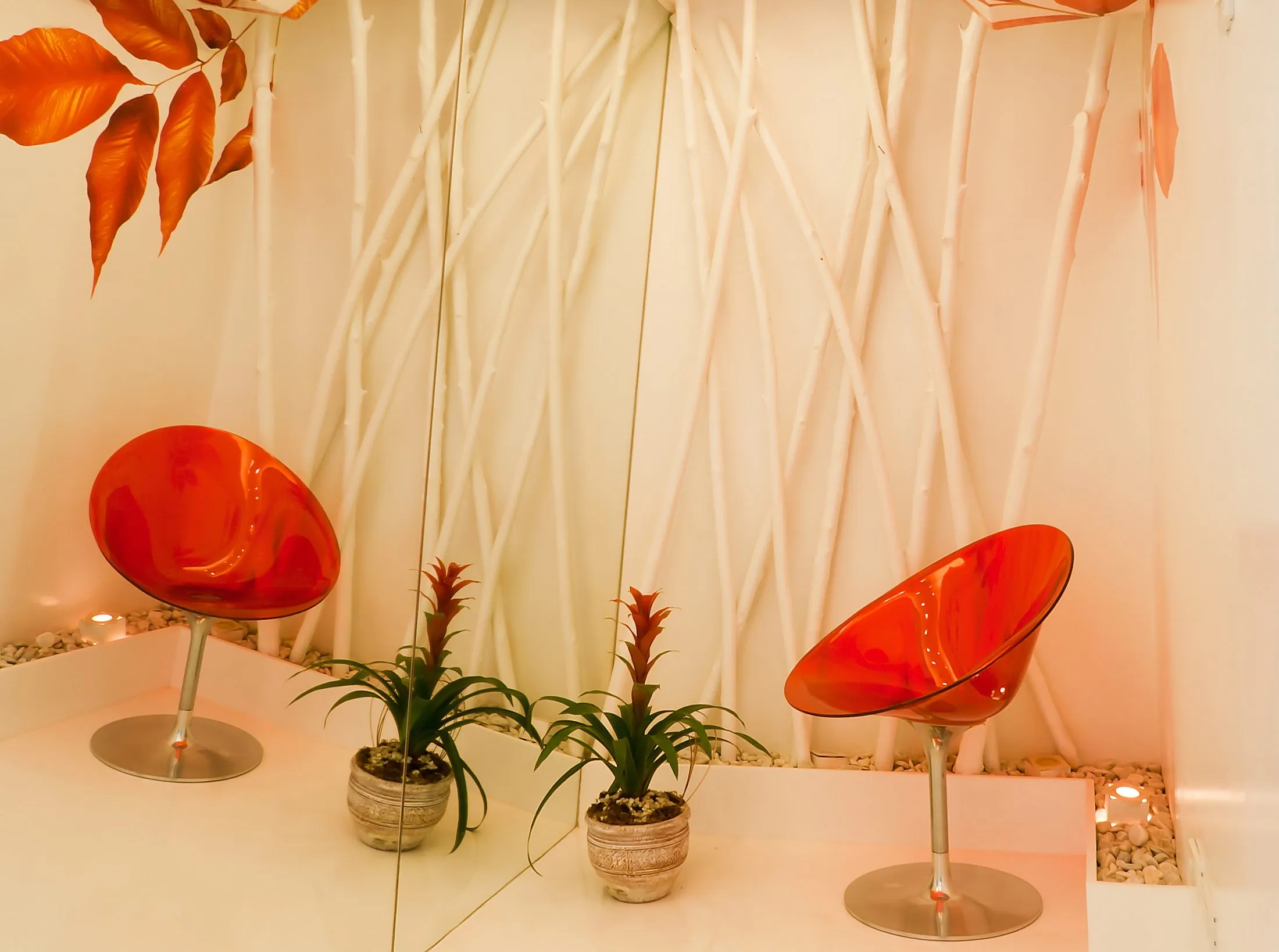 Waiting nook at Smiles By Dr. Cecile with the birch-branch wall mural and orange egg chairs